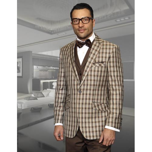 Statement Confidence "Paris" Tan / Taupe / Brown / Black Plaid Super 150's Wool Blend Vested Suit